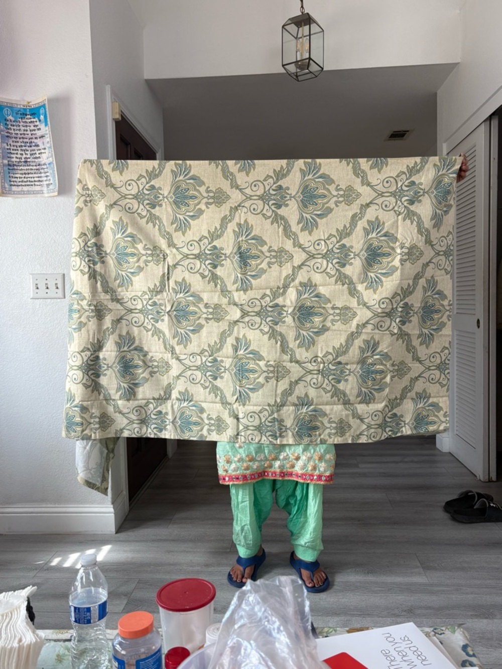 Beige and Teal Damask Decorative- Black out curtains. Comes in a pack of 7.